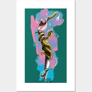 neo traditional knife and hand and snake on pop background Posters and Art